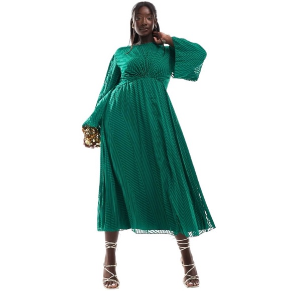 ASOS Pine Green Open Back Chevron Chiffon Midi Dress with Fluted Sleeves, sz 12 - Picture 1 of 11